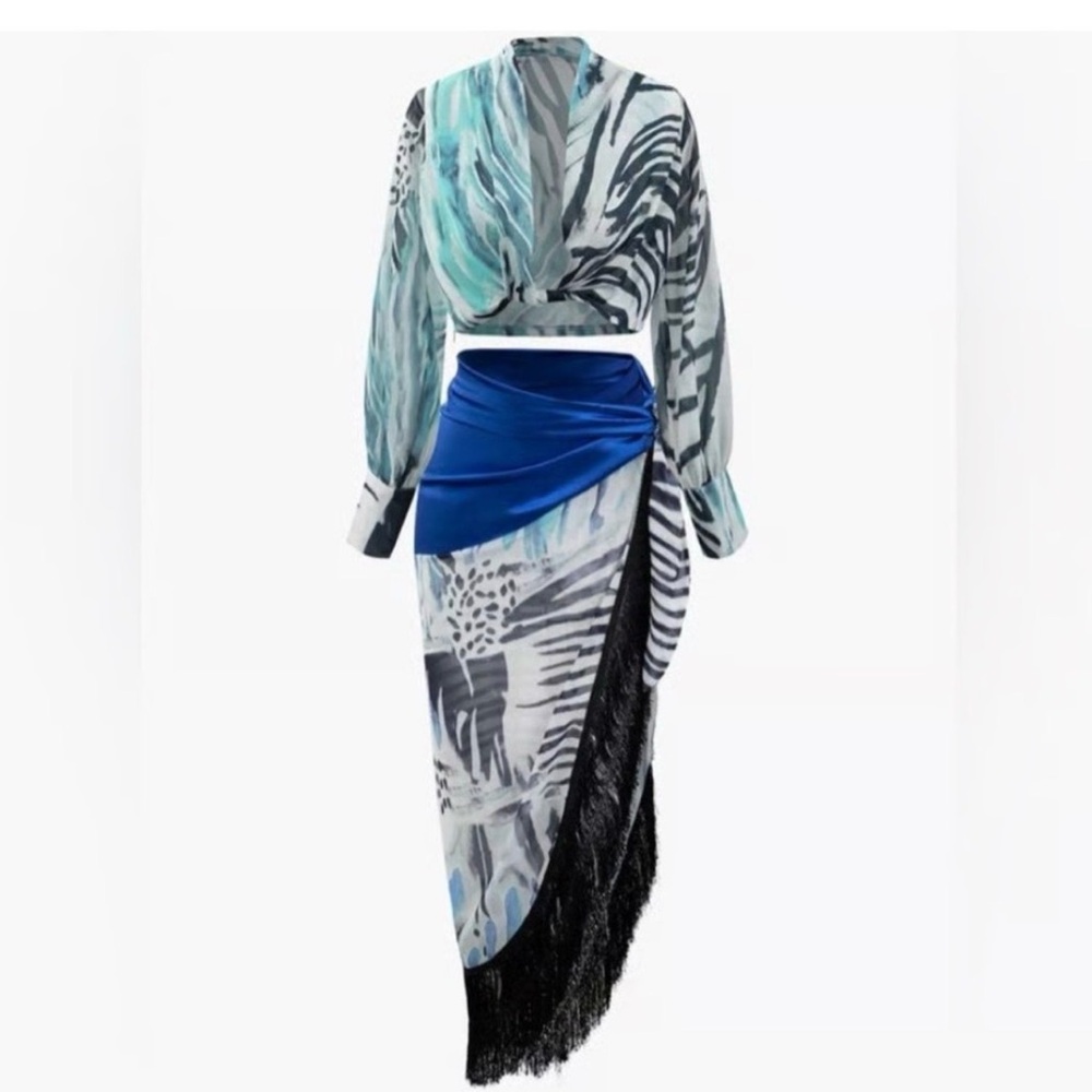 Chic Zebra Print Long Sleeve Dress with Blue Accents